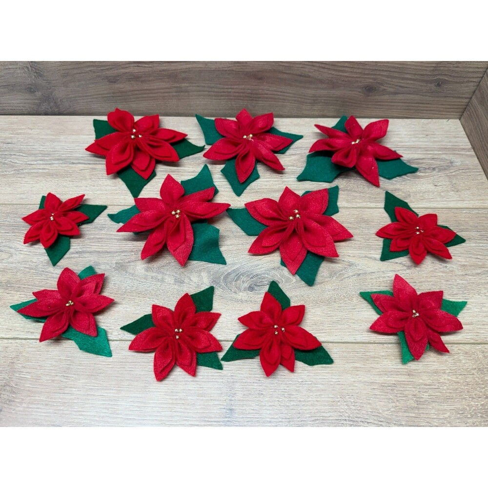 Vintage Handmade Felt Poinsettia Bows - Lot of 11 - Assorted Christmas Floral